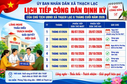 Lịch tiếp công dân định kỳ của Chủ tịch UBND xã Thạch Lạc 6 tháng cuối năm 2026