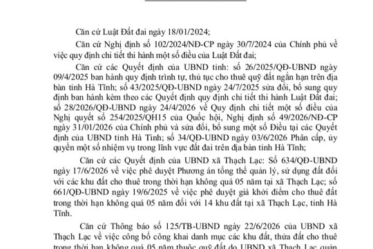 Thạch Lạc công bố danh sách cá nhân được lựa chọn thuê đất thuộc quỹ đất do UBND xã quản lý. 