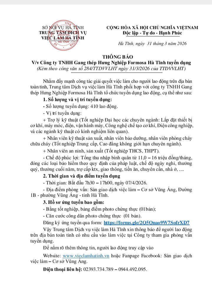THÔNG BÁO TUYỂN DỤNG LAO ĐỘNG  
